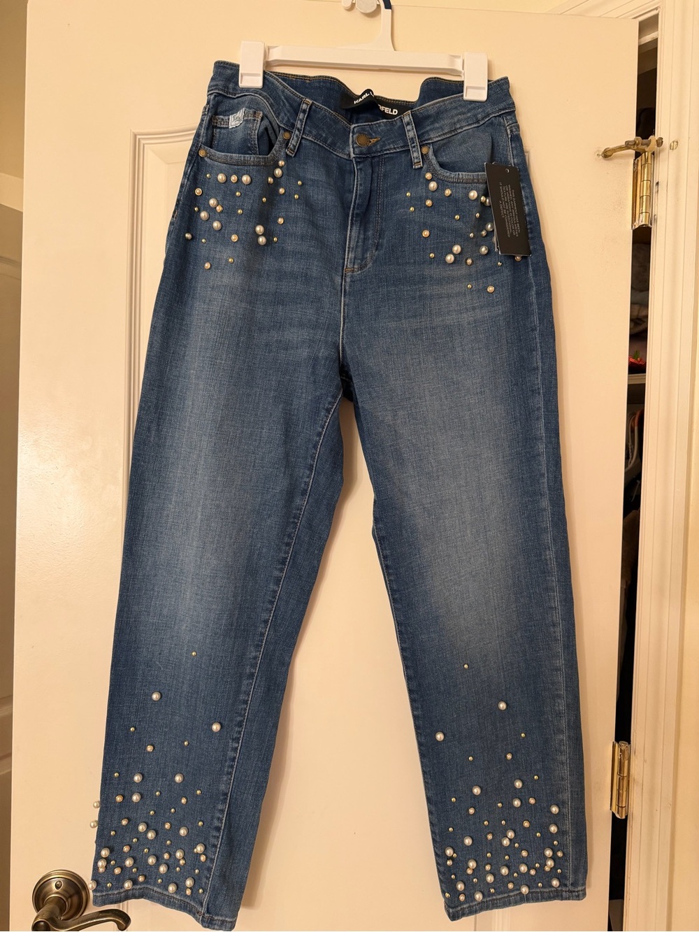 Karl Lagerfeld Paris- Women's Imitation Pearl Denim Jeans - Coastal Blue - Picture 4 of 7
